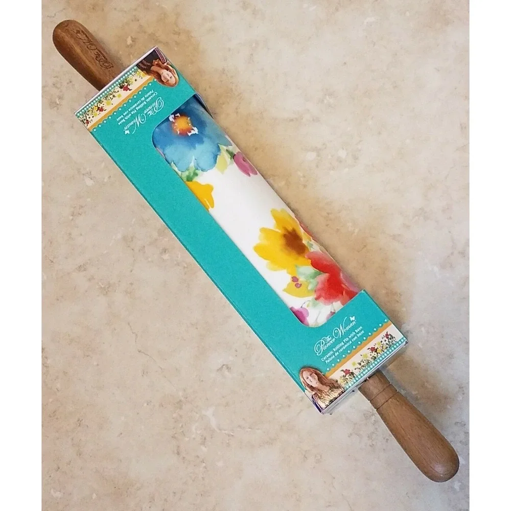 The Pioneer‎ Woman Breezy Blossoms Ceramic Rolling Pin Wood Handles Stand NEW